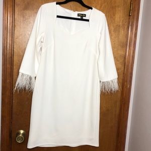 White long sleeve dress with feathers. Gently worn